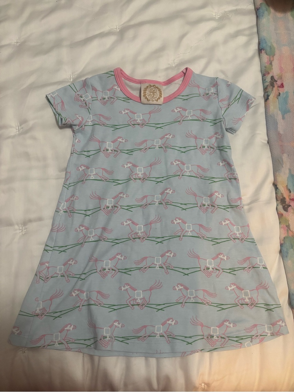 Beaufort Bonnet Girls' Light Blue Horse Print Pajama Dress with Pink Trim